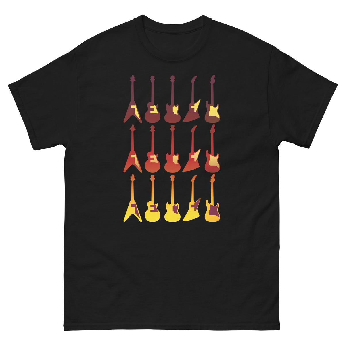 Black crew-neck T-shirt with colorful vintage guitar graphic print on front