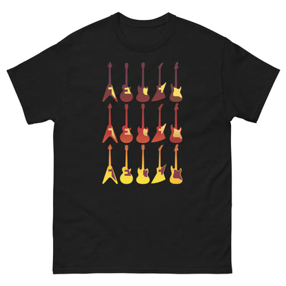 Black crew-neck T-shirt with colorful vintage guitar graphic print on front