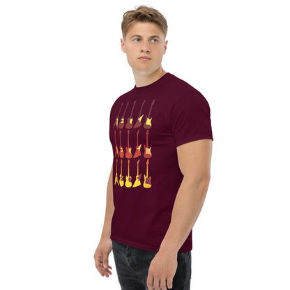 Maroon T-shirt with colorful retro guitar graphic across the chest.