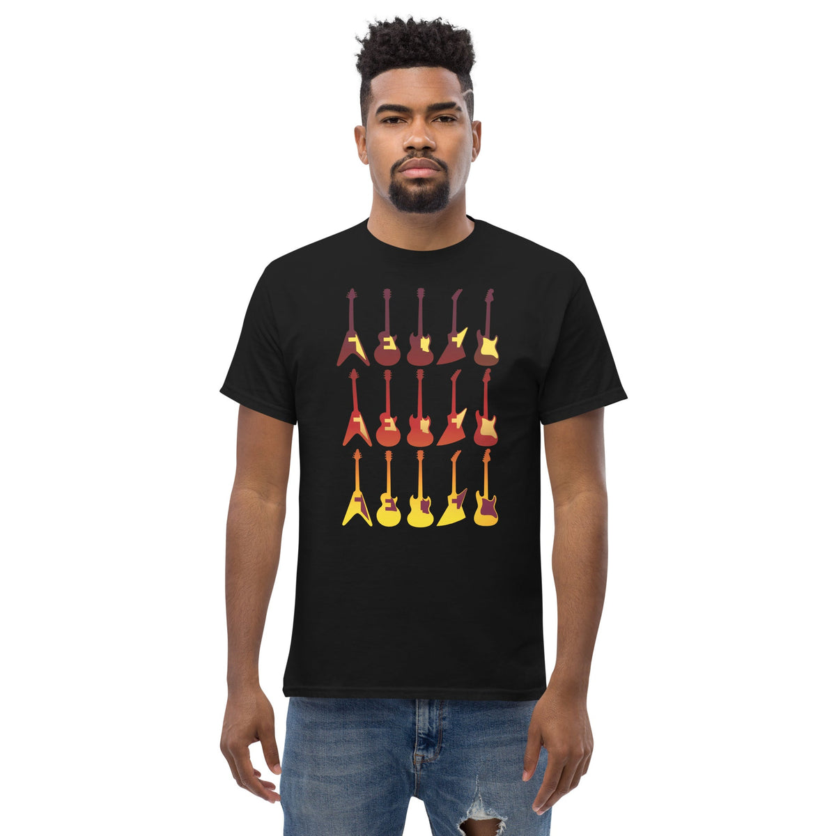 Black T-shirt with colorful retro guitar graphic centered on the chest.