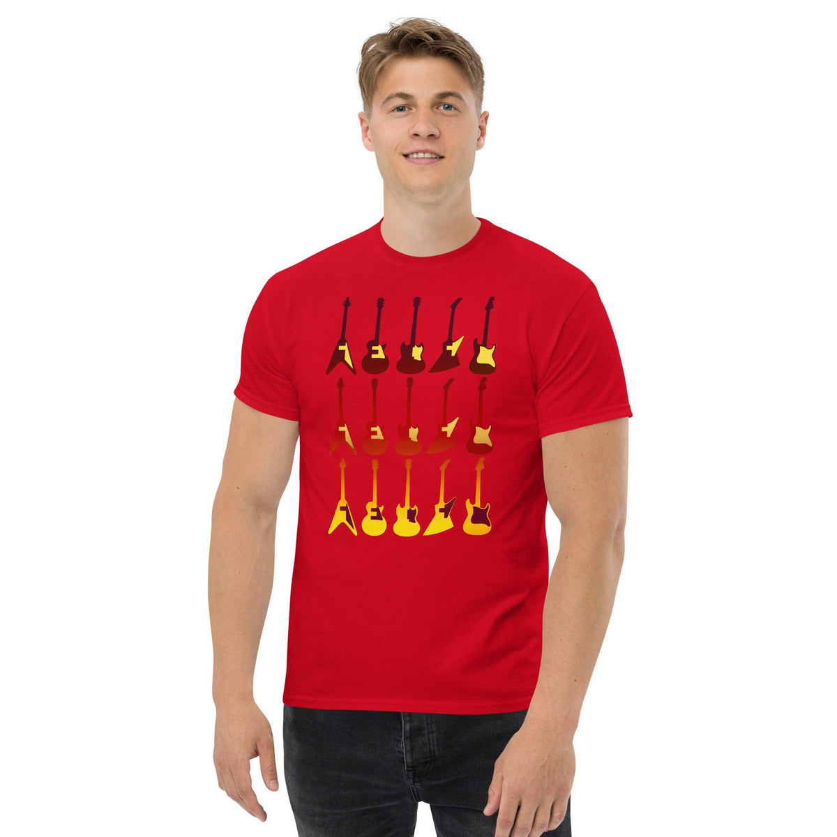 Red T-shirt with colorful retro guitar graphic across the chest.