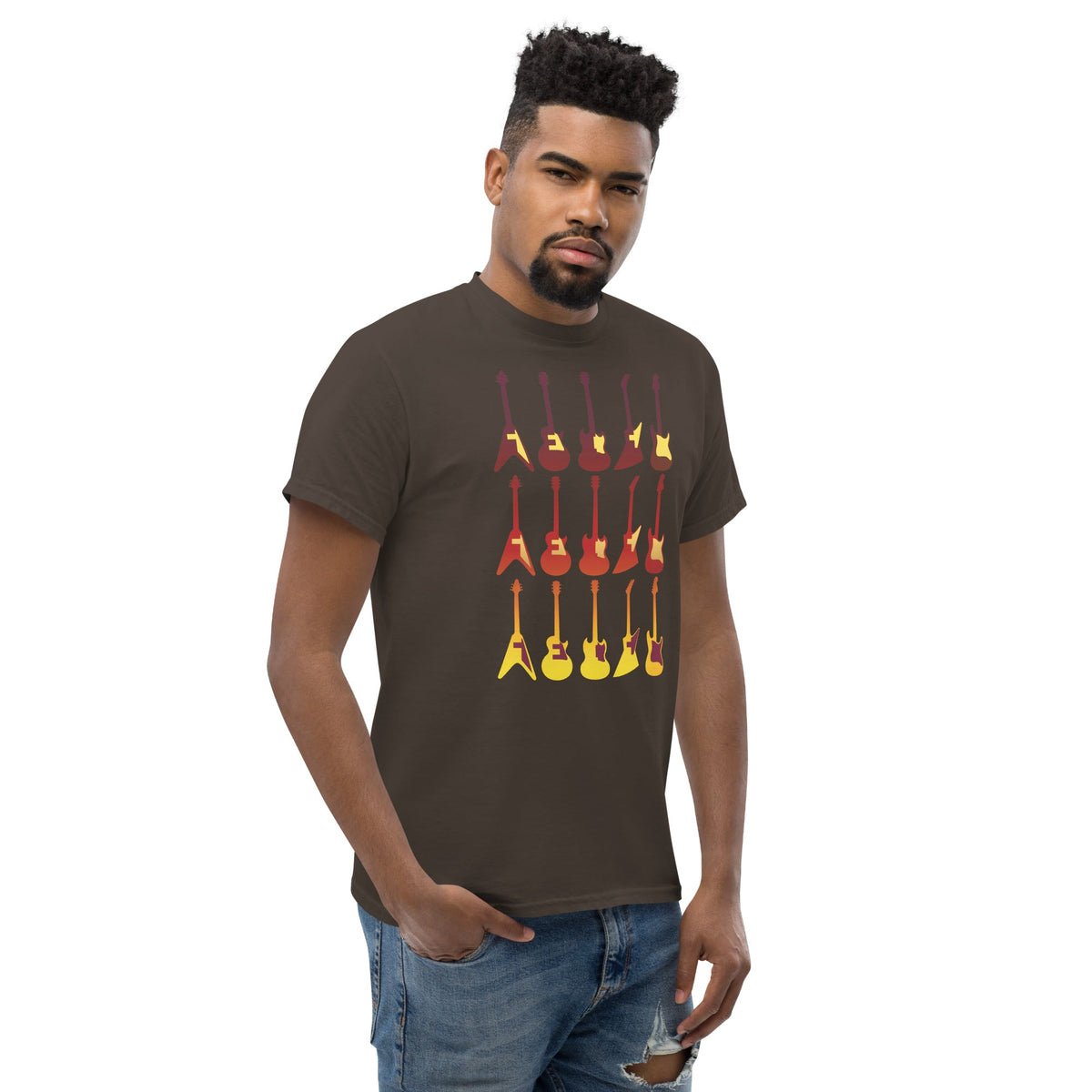 Dark brown T-shirt with colorful retro guitar graphic centered on the chest.