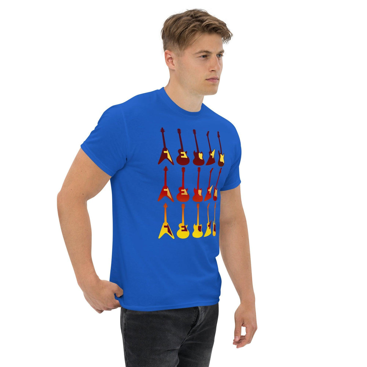 Royal blue T-shirt with colorful retro guitar graphic centered on the chest.