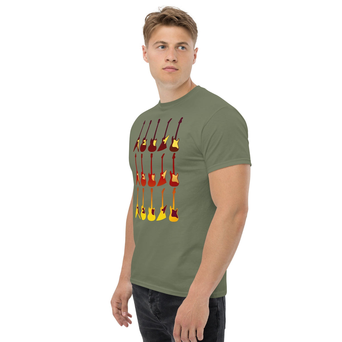 Olive green T-shirt with colorful retro guitar graphic across the chest.