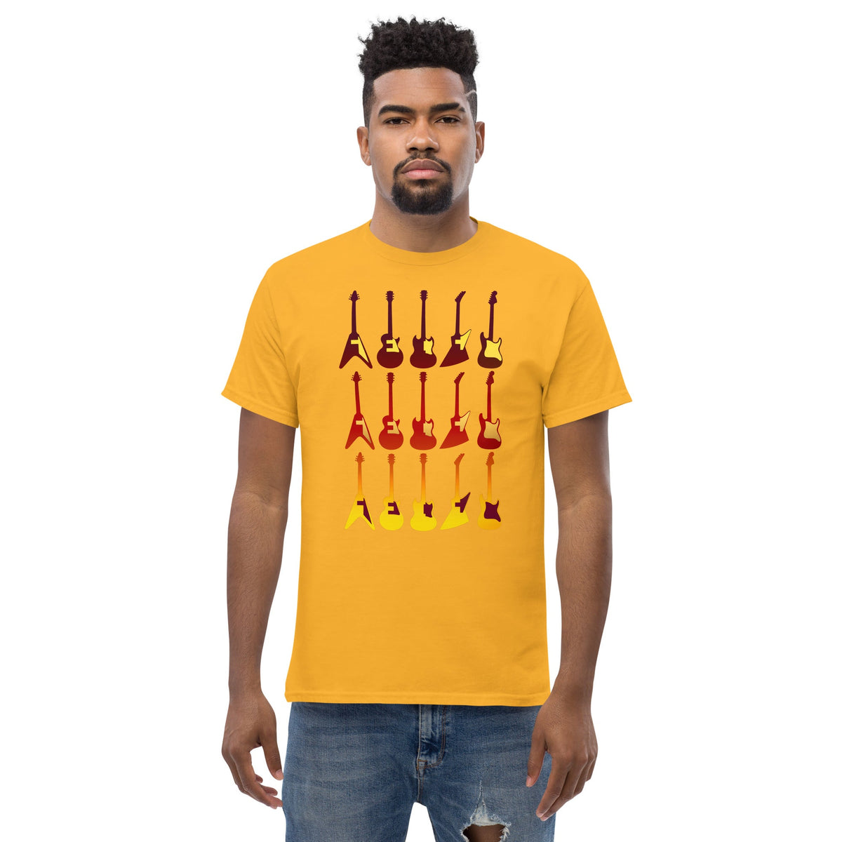 Yellow T-shirt with colorful retro guitar graphic across the chest.