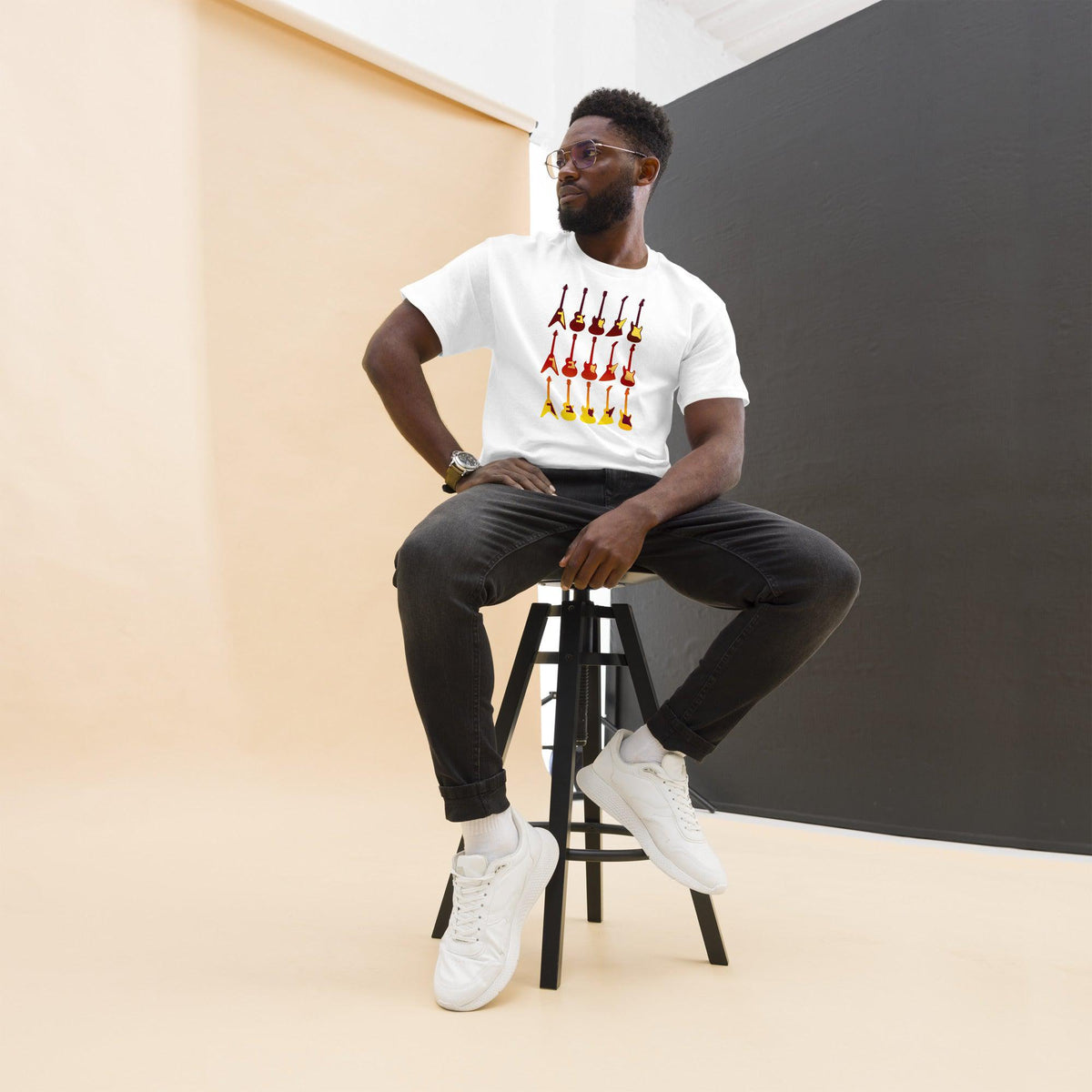 White T-shirt with colorful retro guitar graphic centered on the chest.