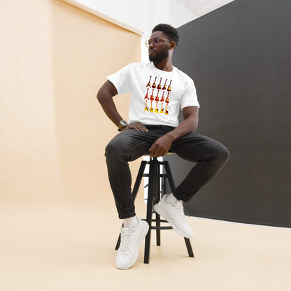 White T-shirt with colorful retro guitar graphic centered on the chest.