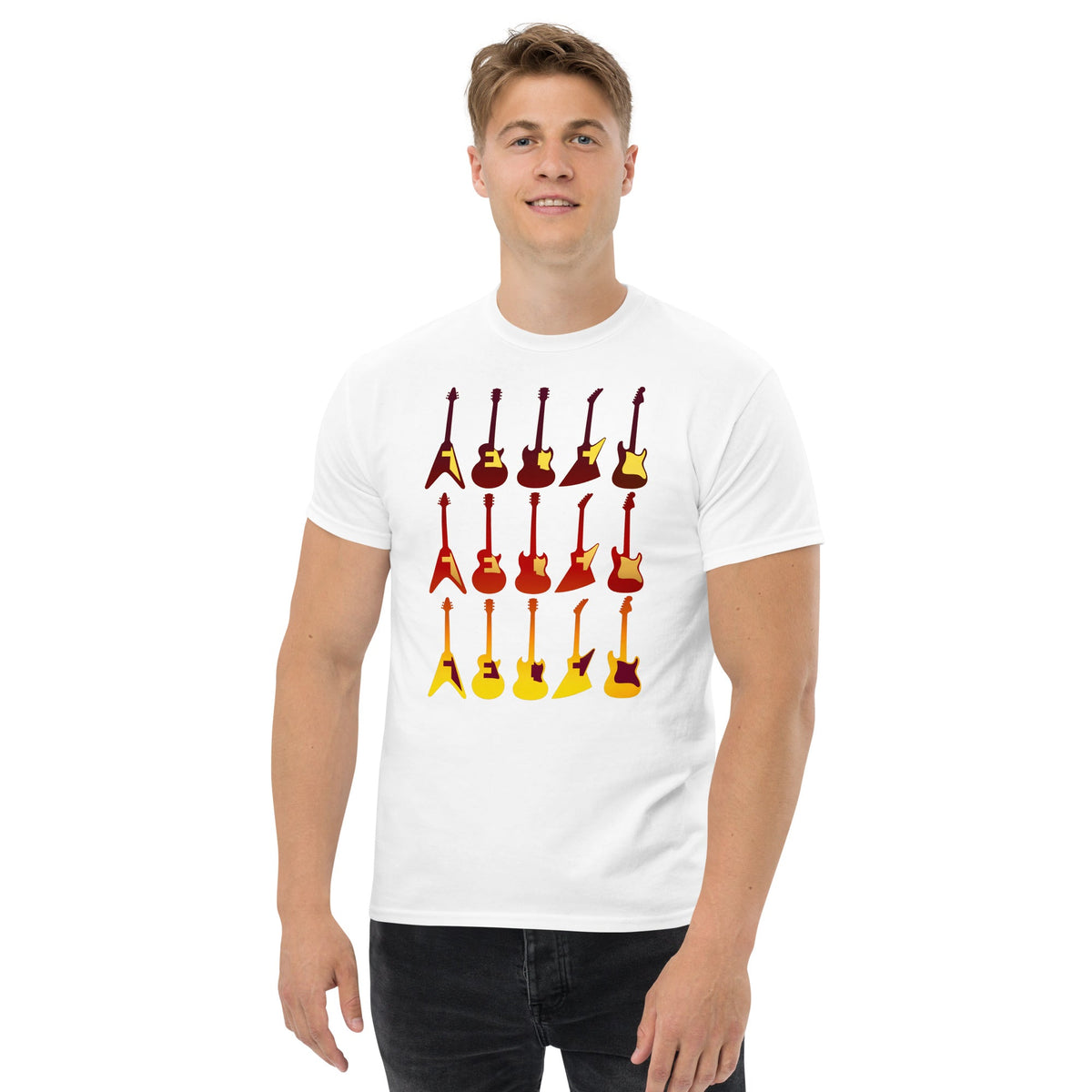 White T-shirt with colorful retro guitar graphic across the chest.