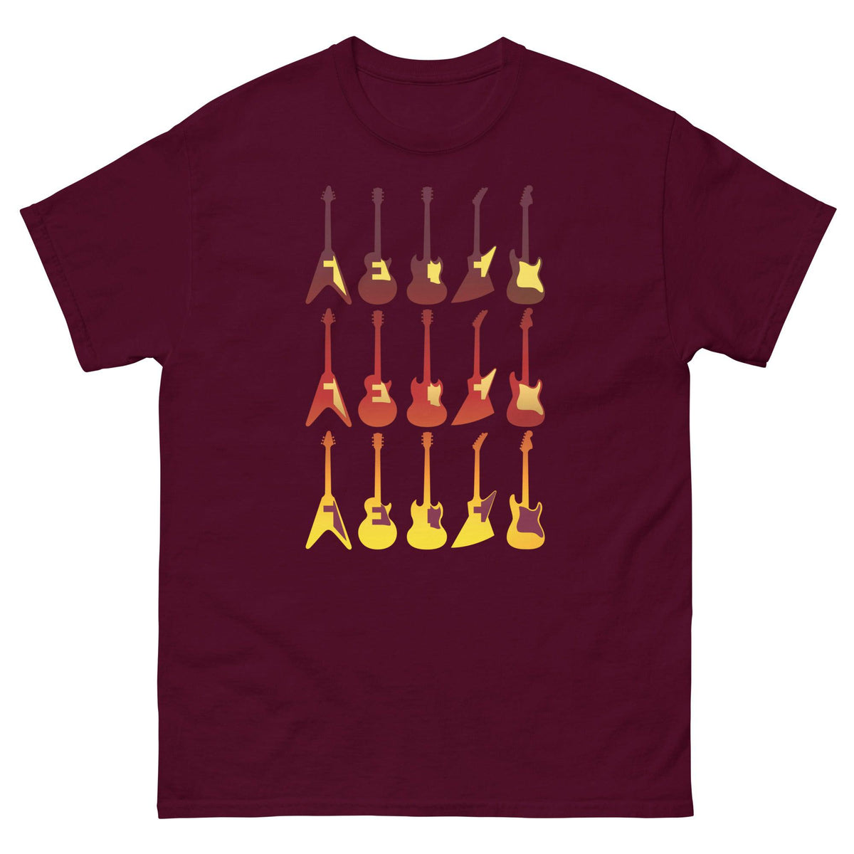 Maroon T-shirt with colorful retro guitar graphic on the front.