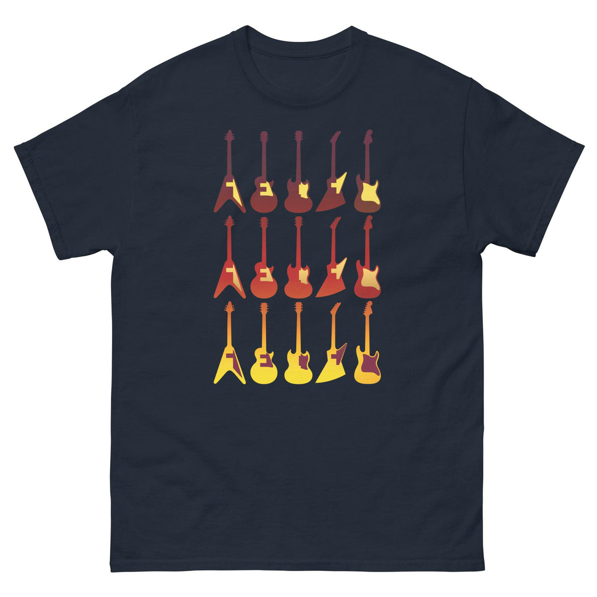 Navy crew-neck T-shirt with retro guitar graphic print