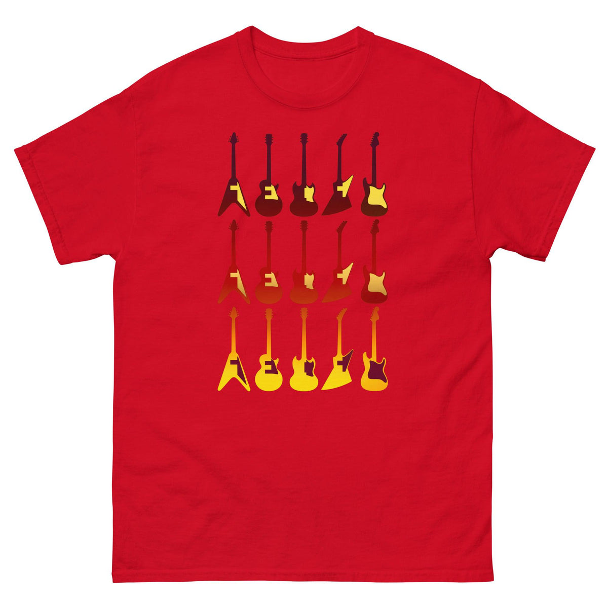 Red crew-neck T-shirt with retro guitar graphic print
