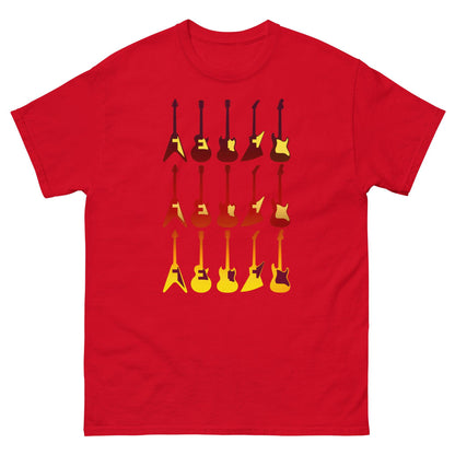 Red crew-neck T-shirt with retro guitar graphic print