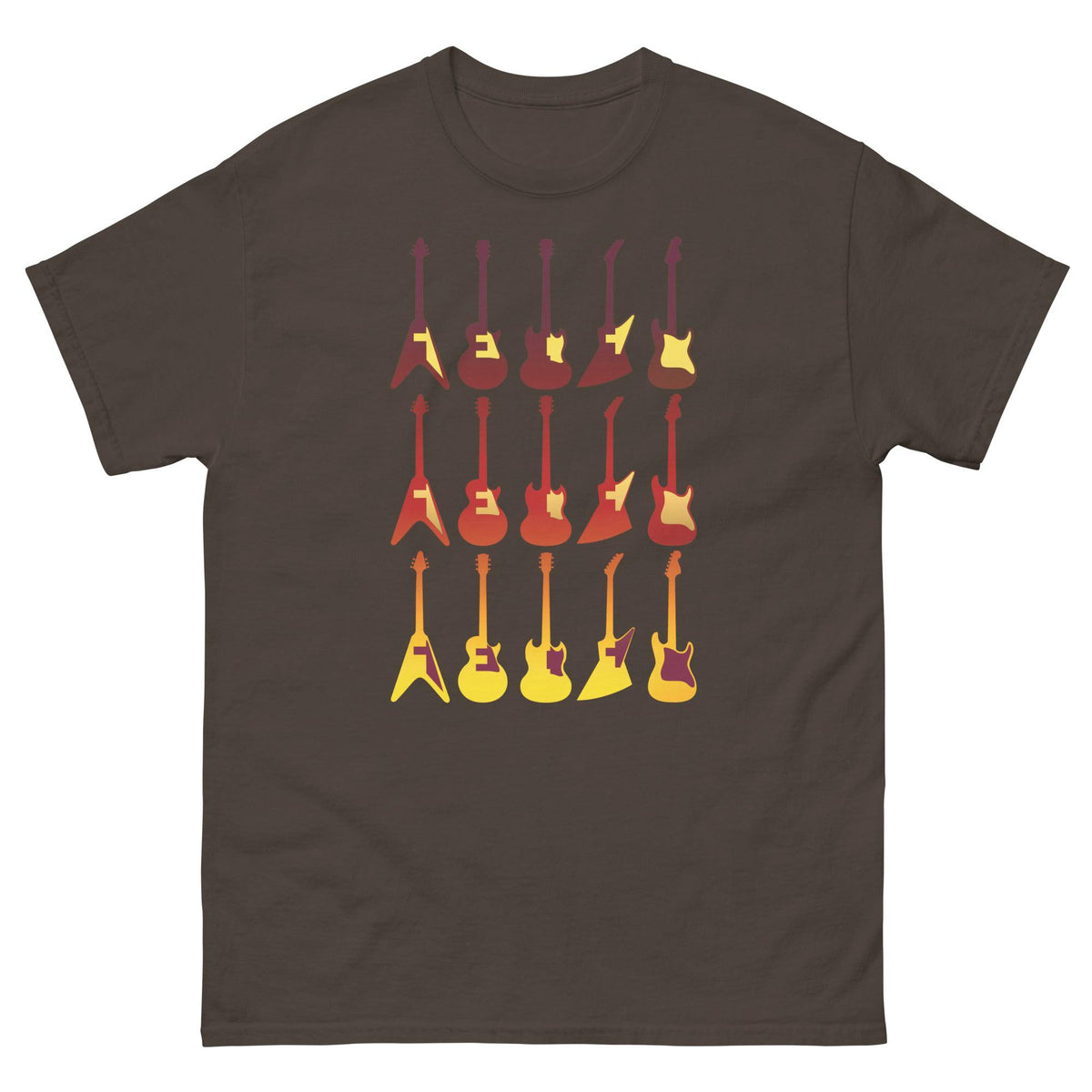 Dark brown crew-neck T-shirt with retro guitar graphic print