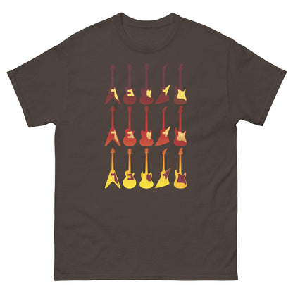 Dark brown crew-neck T-shirt with retro guitar graphic print