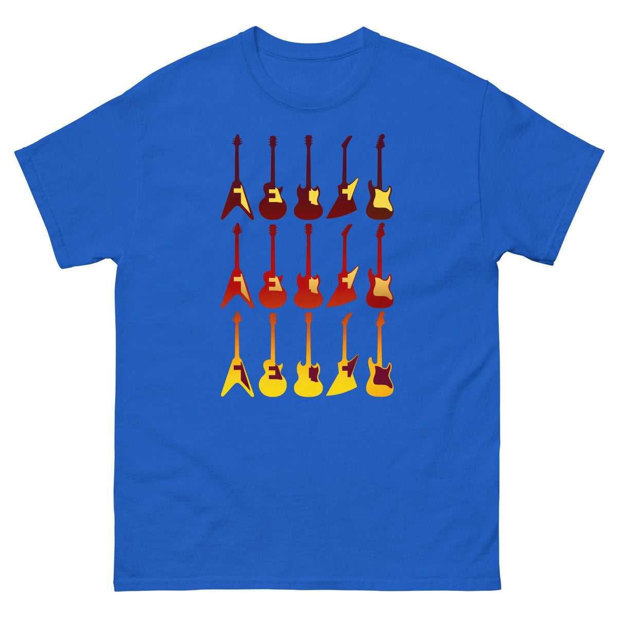 Royal blue crew-neck T-shirt with retro guitar graphic print