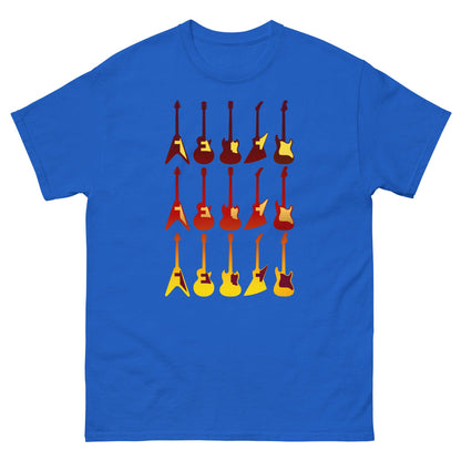 Royal blue crew-neck T-shirt with retro guitar graphic print