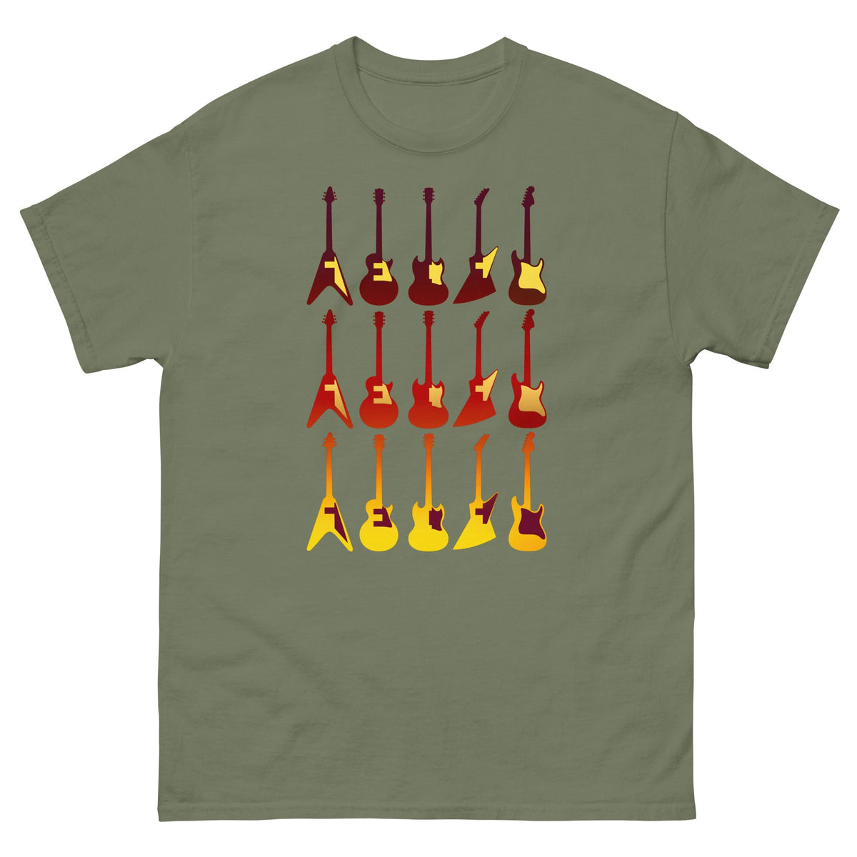 Olive green crew-neck T-shirt with retro guitar graphic print