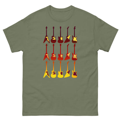 Olive green crew-neck T-shirt with retro guitar graphic print