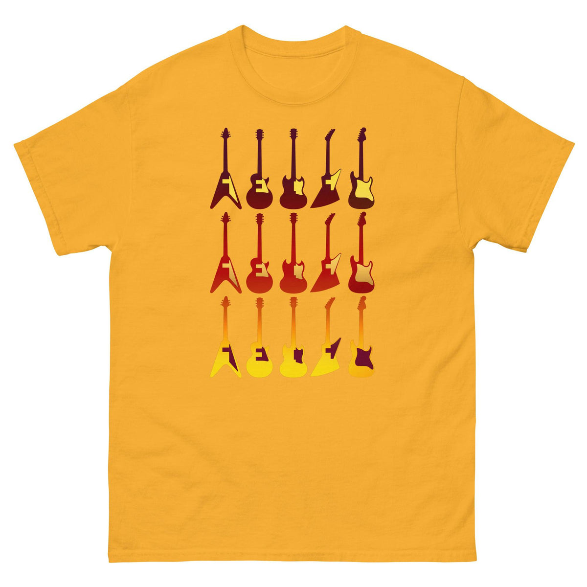 Mustard yellow crew-neck T-shirt with retro guitar graphic print