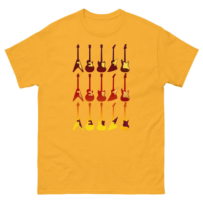 Mustard yellow crew-neck T-shirt with retro guitar graphic print