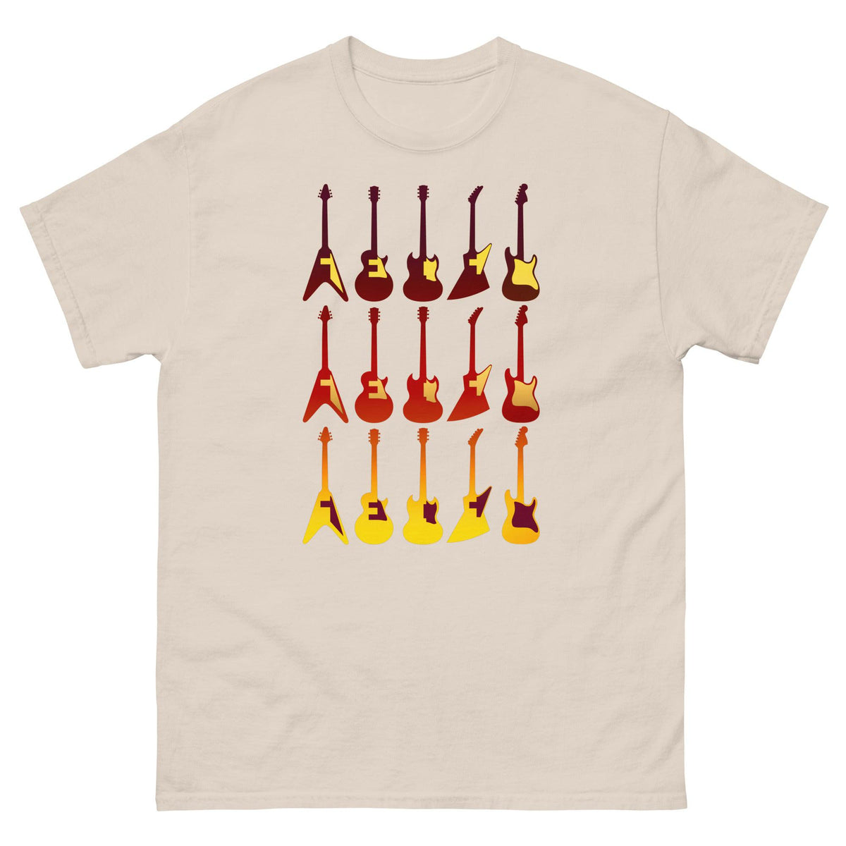 Light beige crew-neck T-shirt with retro guitar graphic print