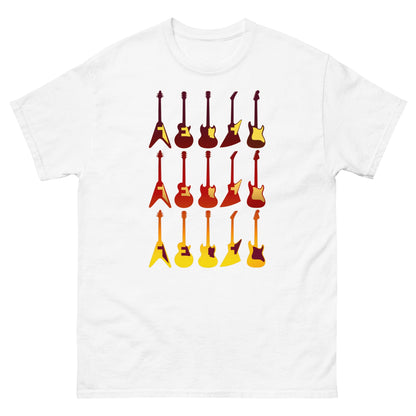 White crew-neck T-shirt with retro guitar graphic print