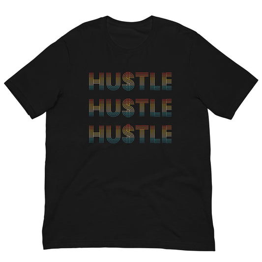 Black T-shirt with stacked “HUSTLE” graphic on the front in orange and green