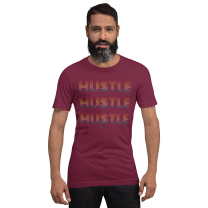 Burgundy T-shirt with stacked “HUSTLE” graphic on the front