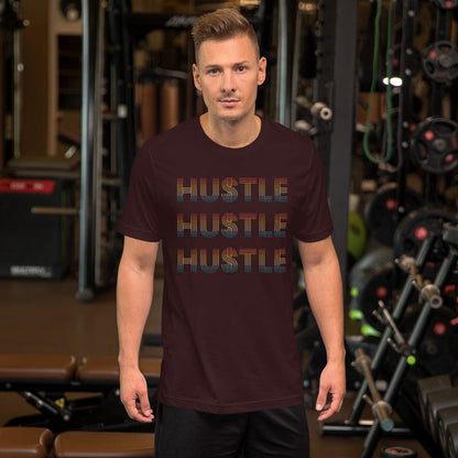 Maroon T-shirt with stacked “HUSTLE” graphic across the front