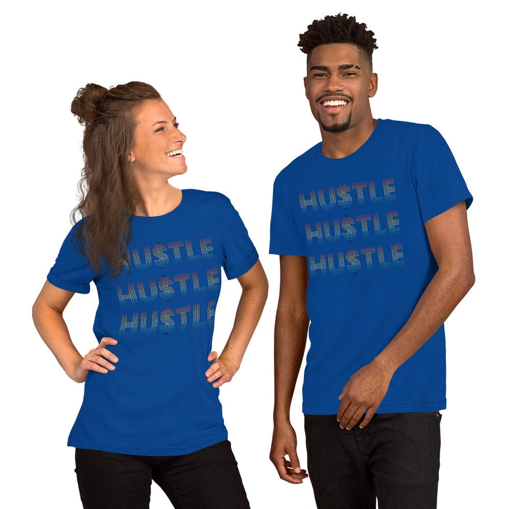 Royal blue T-shirt with stacked “HUSTLE” graphic across the front