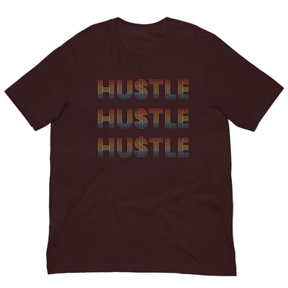 Dark maroon T-shirt with stacked “HUSTLE” graphic on the front