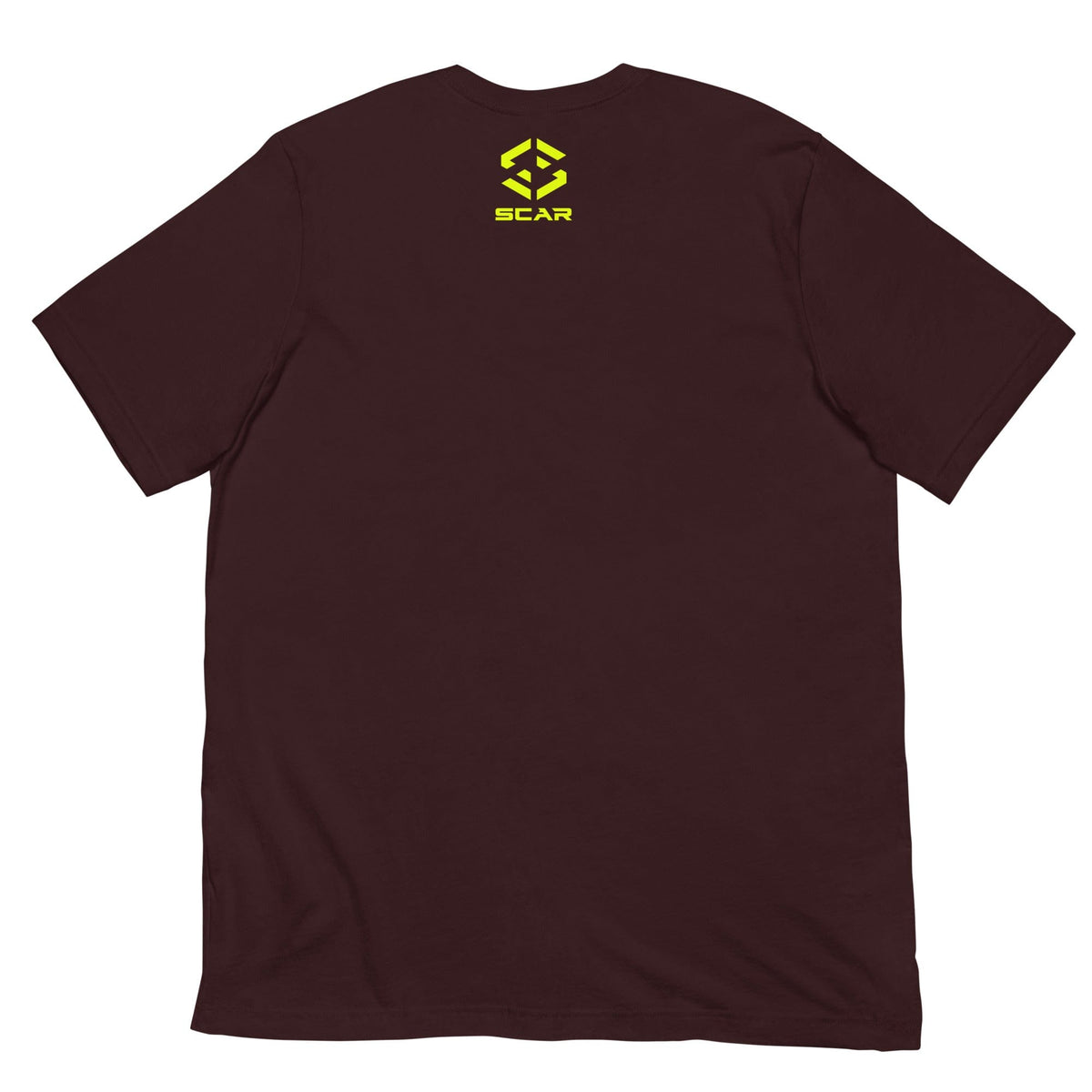 Dark maroon T-shirt with SCAR logo on the back