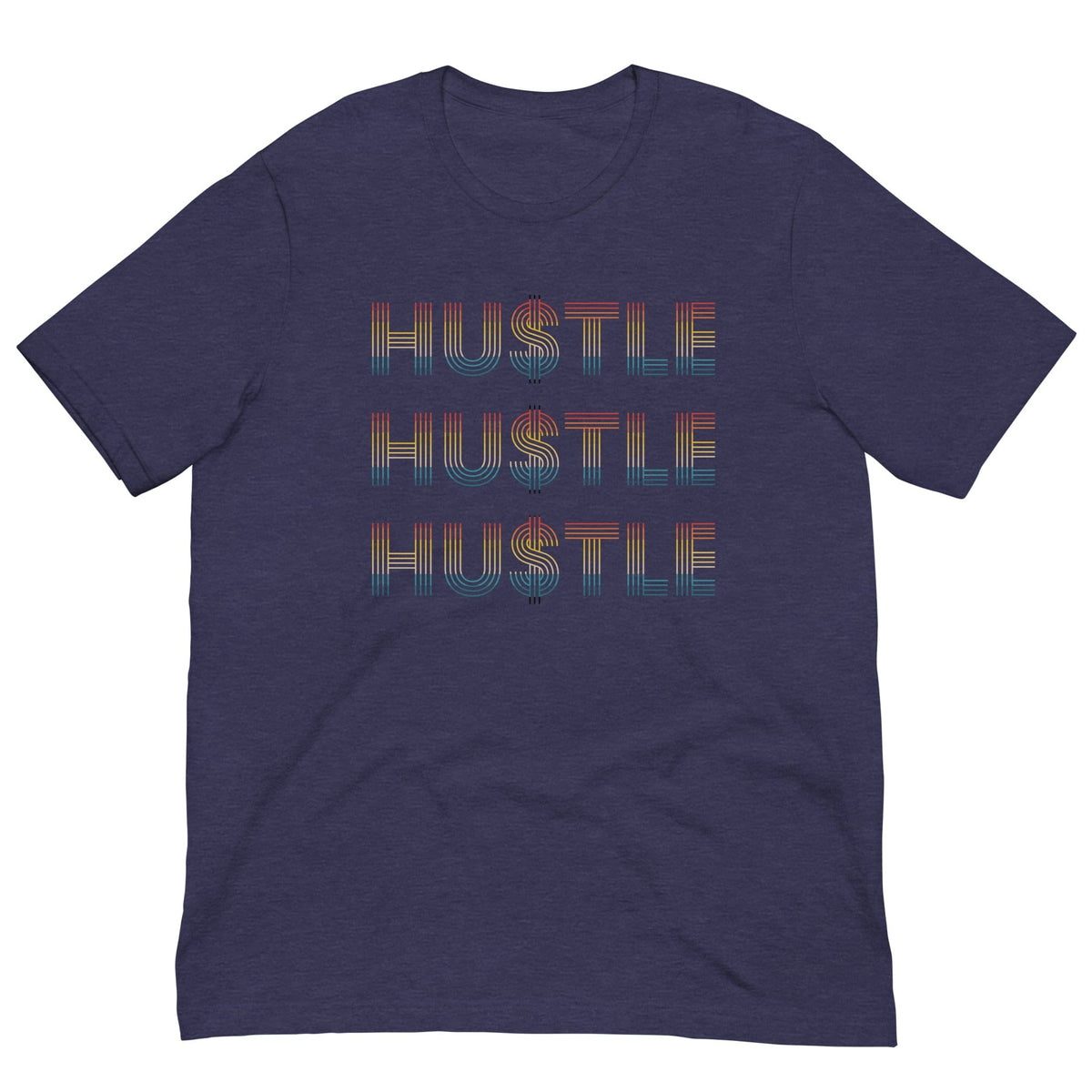 Dark blue Hustle T-shirt with stacked 'HUSTLE' stripe text graphic, crew neck, short sleeves