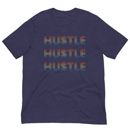 Dark blue Hustle T-shirt with stacked 'HUSTLE' stripe text graphic, crew neck, short sleeves