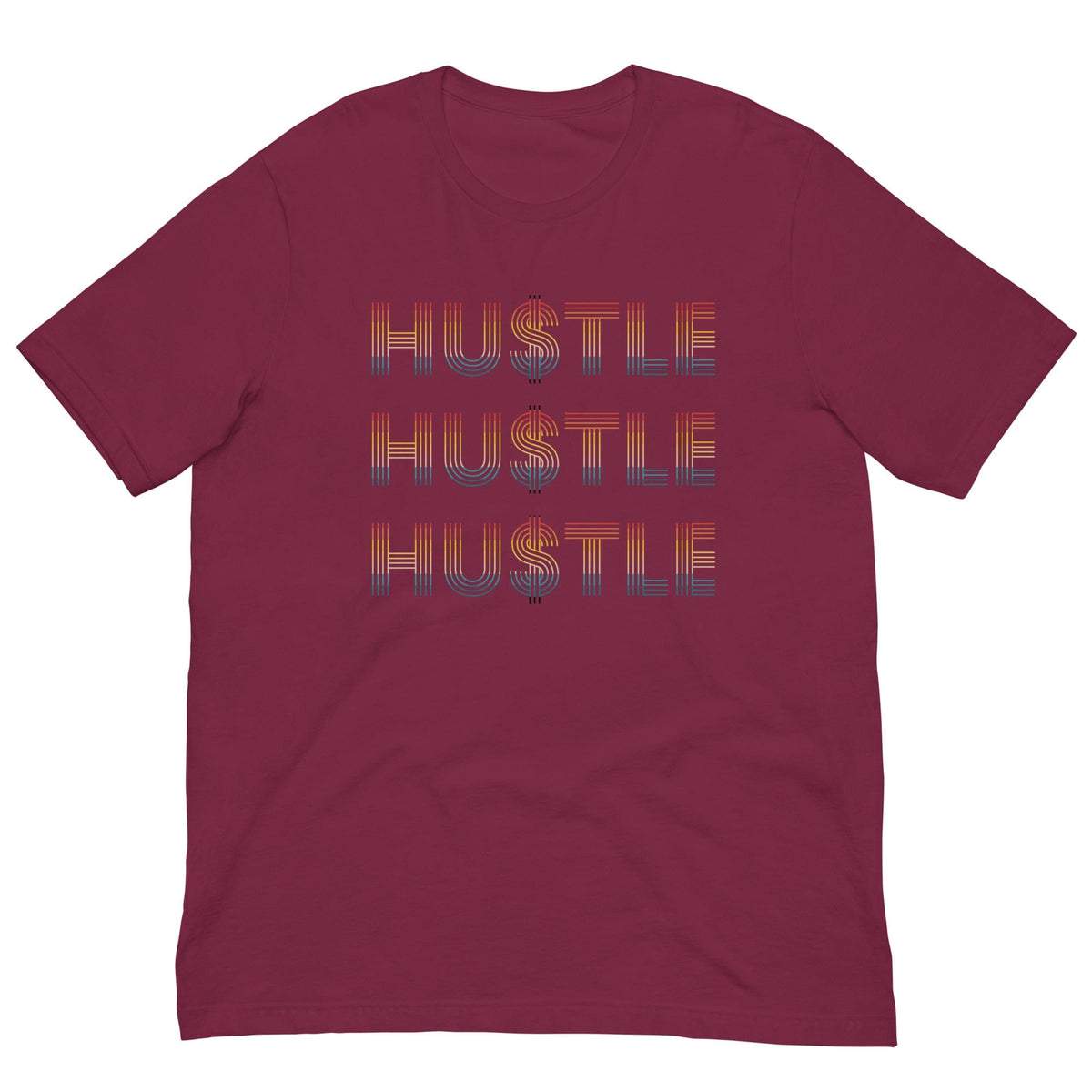 Maroon Hustle T-shirt with stacked 'HUSTLE' stripe text graphic, crew neck, short sleeves