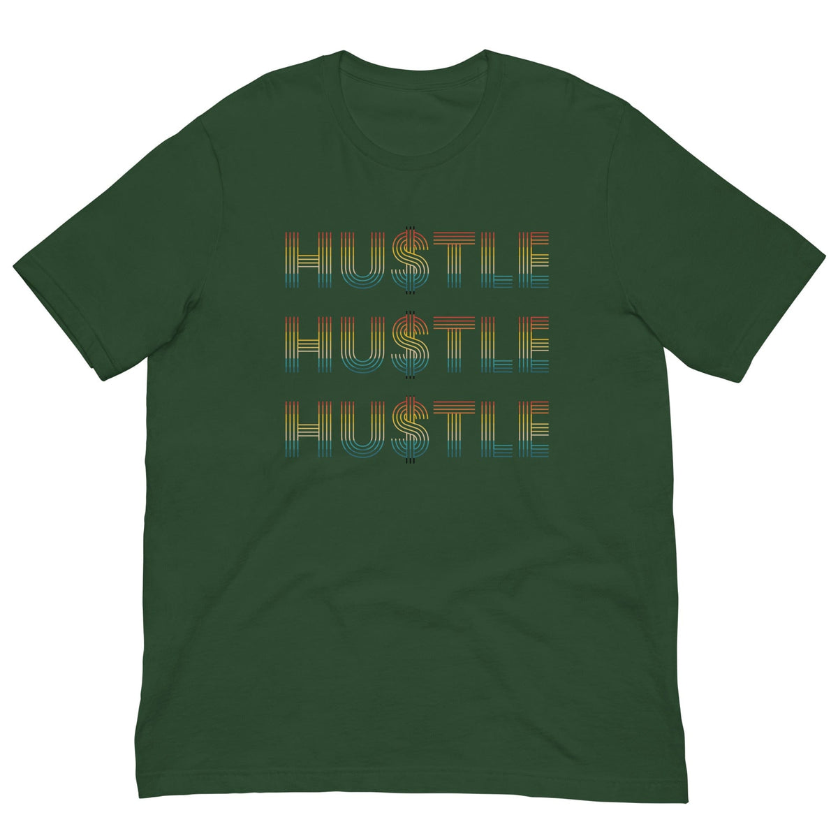 Forest green Hustle T-shirt with stacked 'HUSTLE' stripe text graphic, crew neck, short sleeves