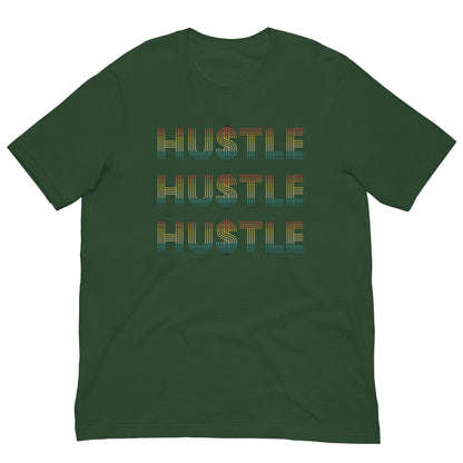 Forest green Hustle T-shirt with stacked 'HUSTLE' stripe text graphic, crew neck, short sleeves