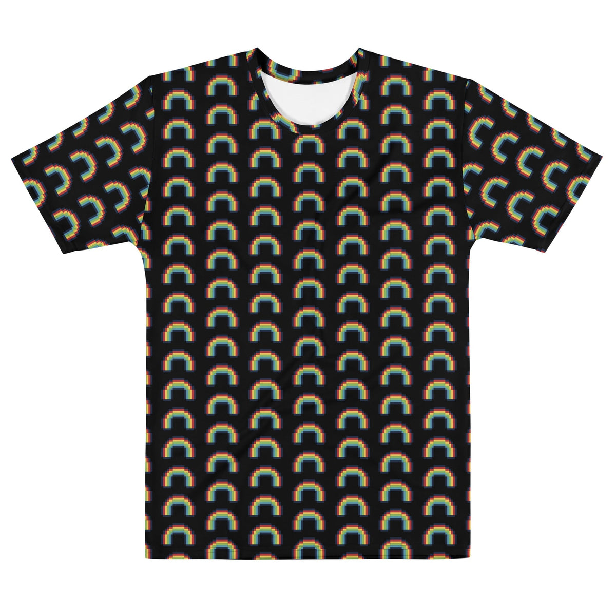 Men's black t-shirt with multicolor rainbow pixel arch pattern, crew neck.