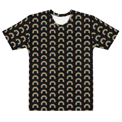 Men's black t-shirt with multicolor rainbow pixel arch pattern, crew neck.