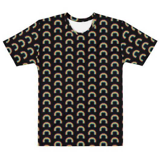 Men's black t-shirt with multicolor rainbow pixel arch pattern, crew neck.