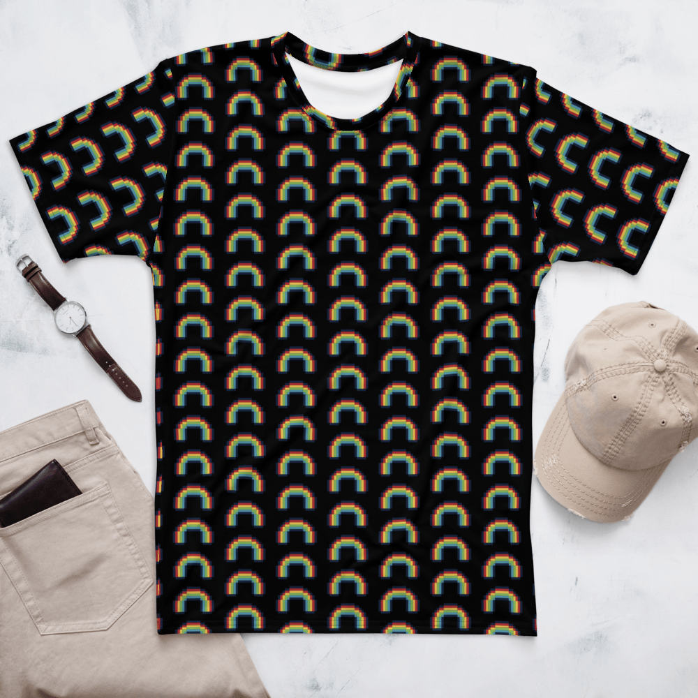 Men's black crew-neck t-shirt with multicolor rainbow pixel arch pattern.