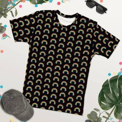 Men's black t-shirt with multicolor rainbow pixel arch pattern, short sleeves.