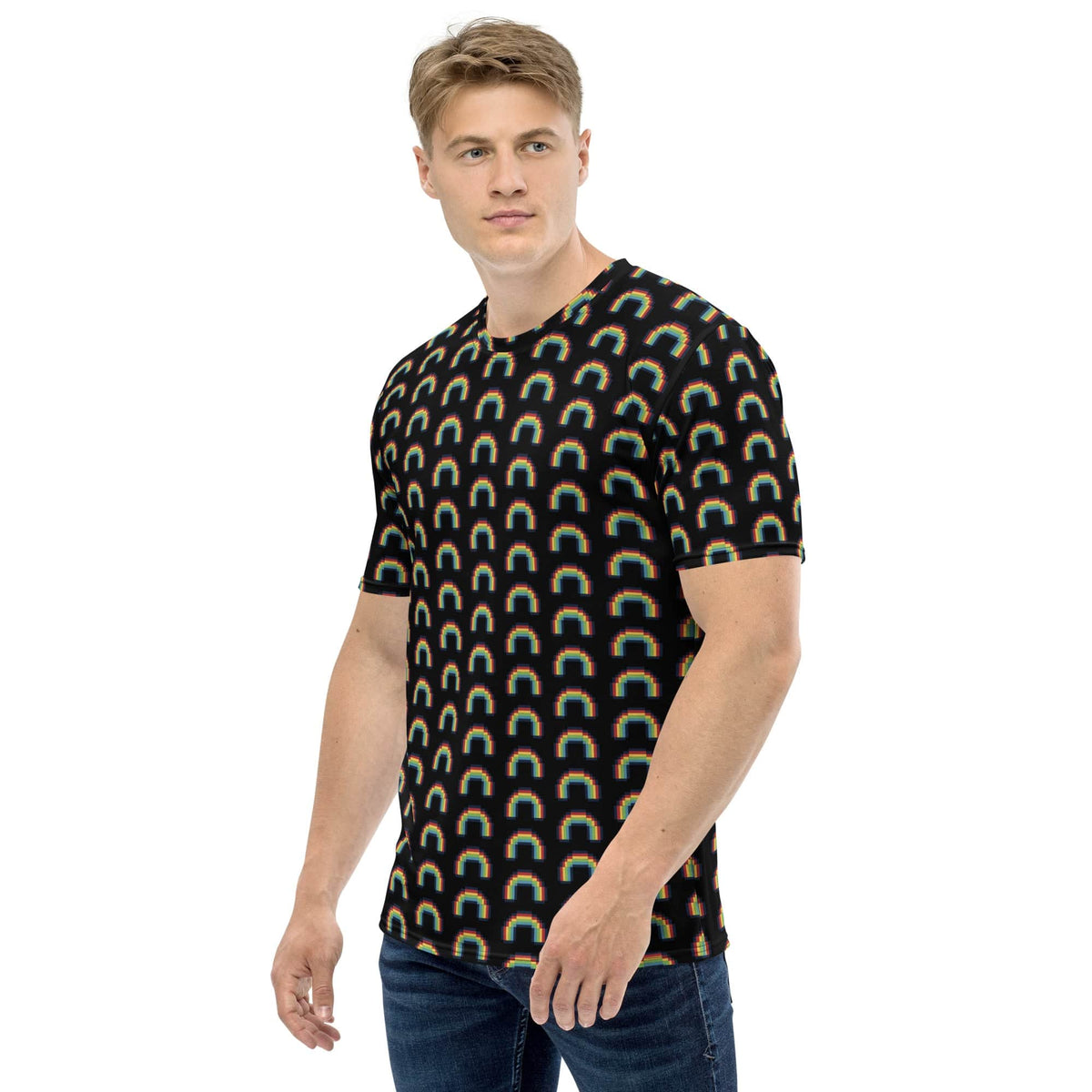 Men's T-shirt, black with rainbow arch pattern, crew neck, short sleeves