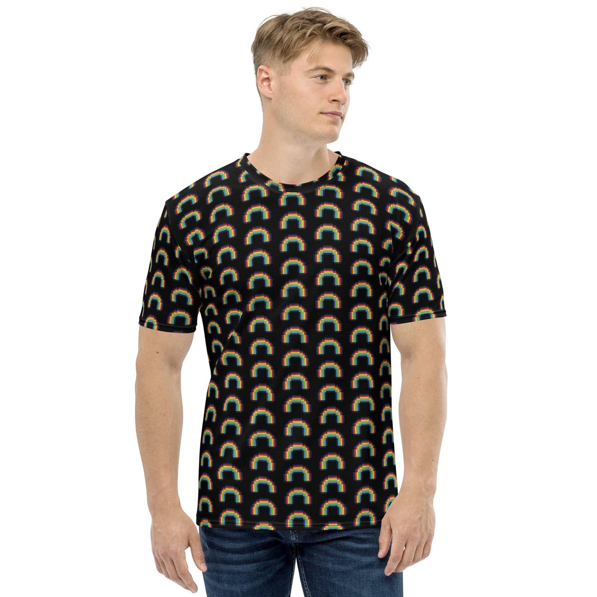 Men's black crew-neck t-shirt featuring multicolor rainbow pixel arch pattern.