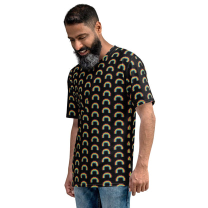 Men's black t-shirt with multicolor rainbow pixel arch pattern, angled front view.