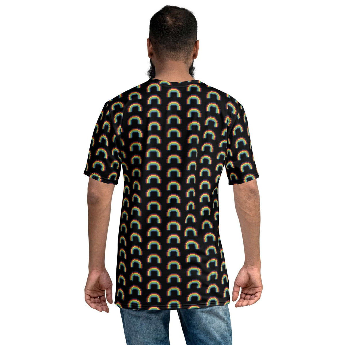 Men's T-shirt, black with rainbow arch pattern, back view, short sleeves