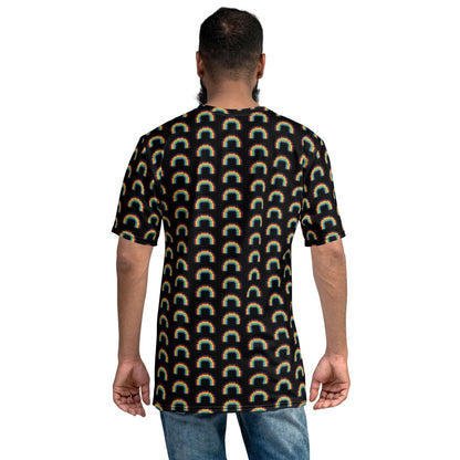 Men's T-shirt, black with rainbow arch pattern, back view, short sleeves