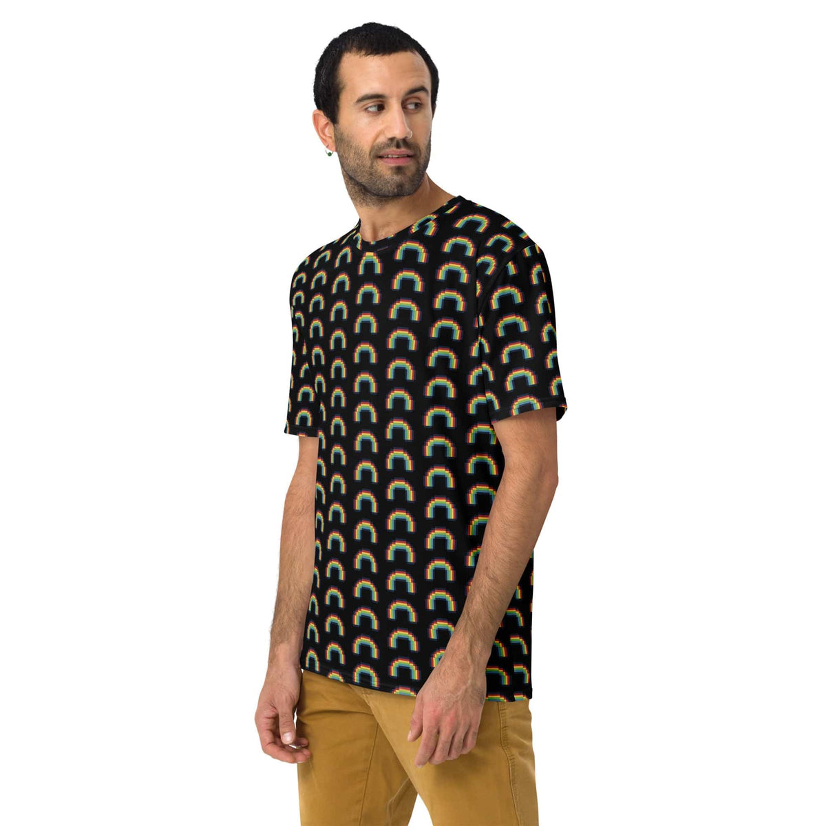 Men's black crew-neck t-shirt with multicolor rainbow pixel arch pattern, side view.