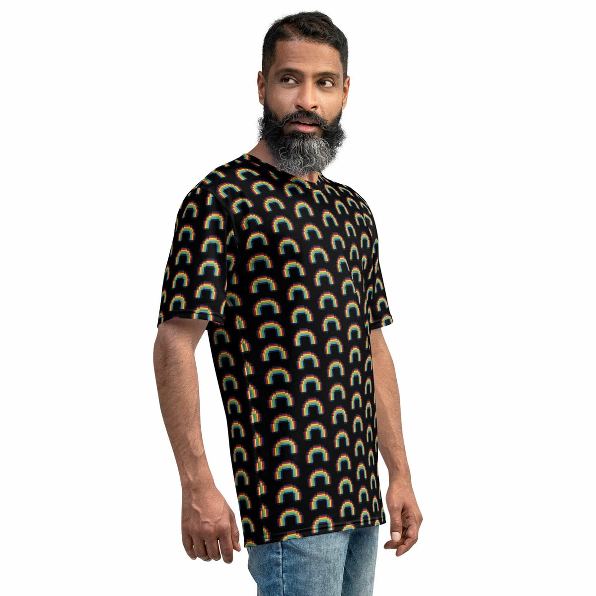 Men's T-shirt, black with rainbow arch pattern, crew neck, short sleeves