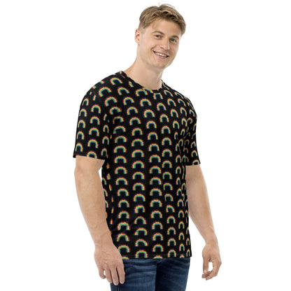 Men's black crew-neck t-shirt with multicolor rainbow pixel arch pattern, front view.